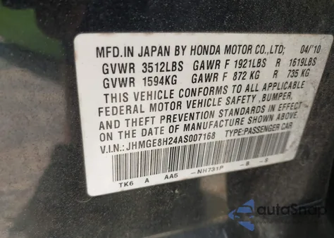 2010 Honda Fit from USA, damaged, VIN JHMGE8H24AS007168